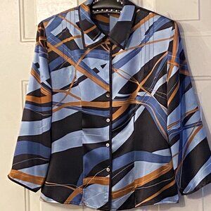 NWT i.e. Womens 100% Silk Blouse Shirt Sz 8 (M) 3/4 Sleeve Blue/Brown Abstract